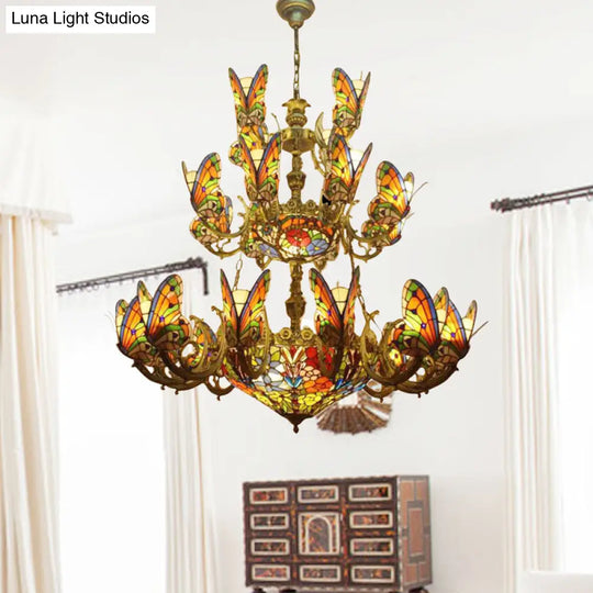 Exquisite Butterfly Chandelier With Tiffany Glass Pendant For Living Room