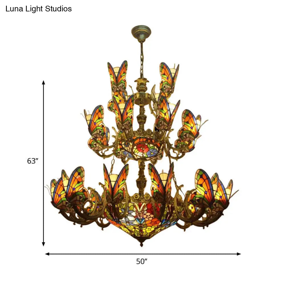 Exquisite Butterfly Chandelier With Tiffany Glass Pendant For Living Room