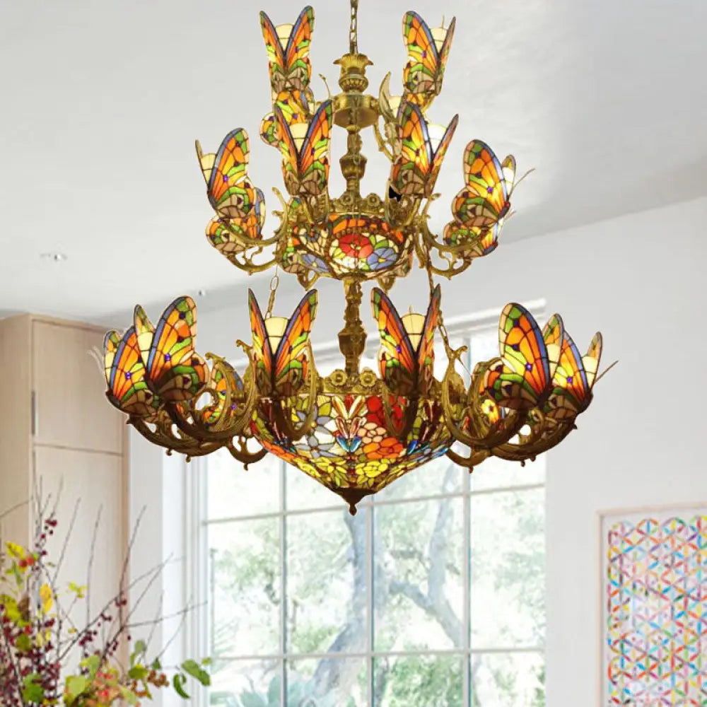 Exquisite Butterfly Chandelier With Tiffany Glass Pendant For Living Room Antique Brass