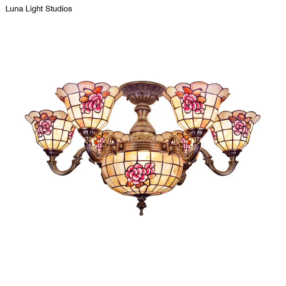 Exquisite Tiffany Pendant Light With Shell Bell Shade In Beige For Villas