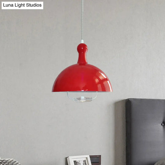 Extendable Domed Hanging Fixture - Industrial Style Chrome/Red Aluminum Ceiling Pendant With Handle