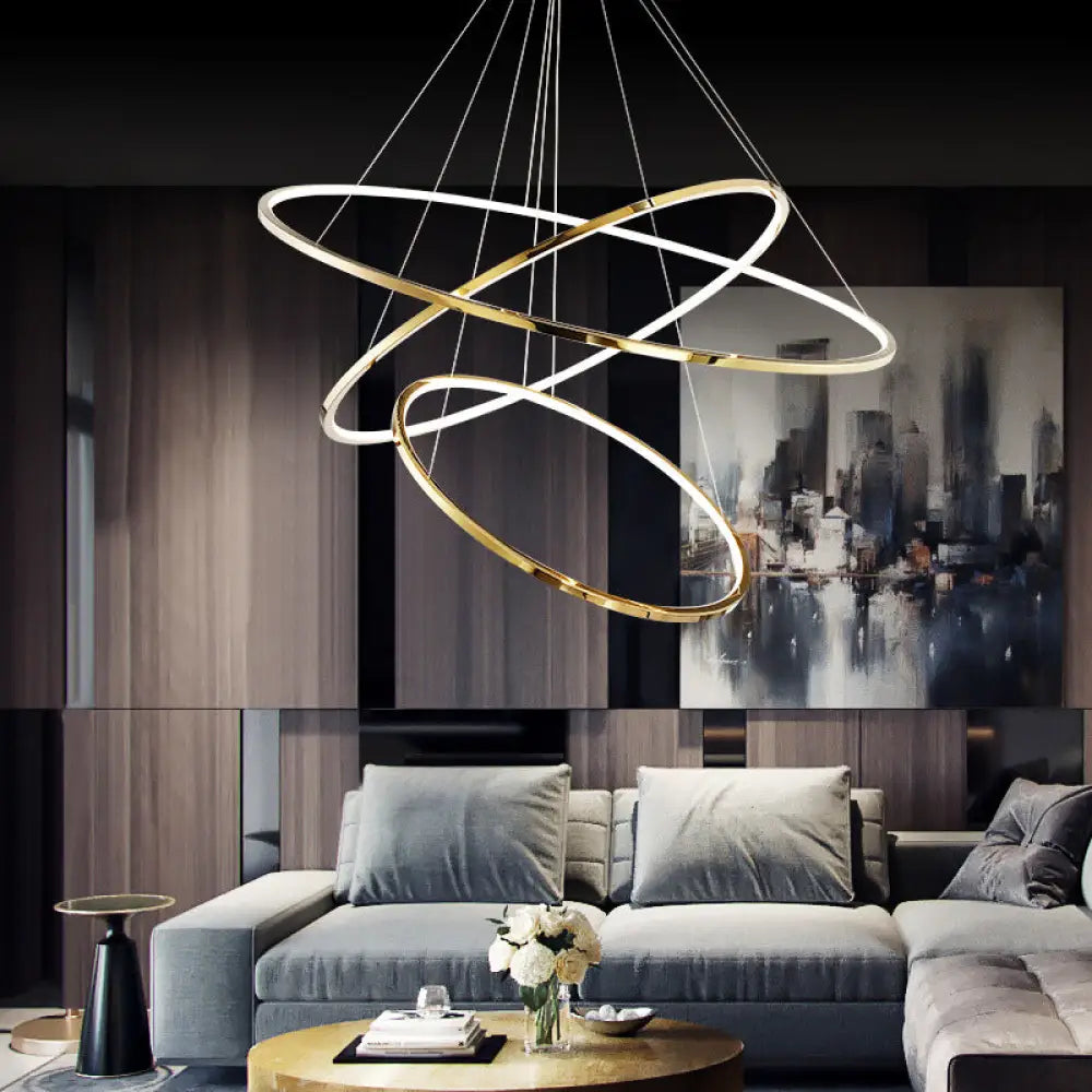 Extra-Slim Gold Led Pendant Chandelier - Minimalist Stainless Steel 3/5 Tiers Ideal For Living Room