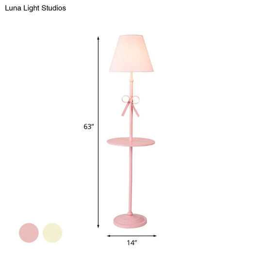 Fabric Conic Floor Standing Lamp For Kids - Single Beige/Pink Lighting With Table And Bow-Knot