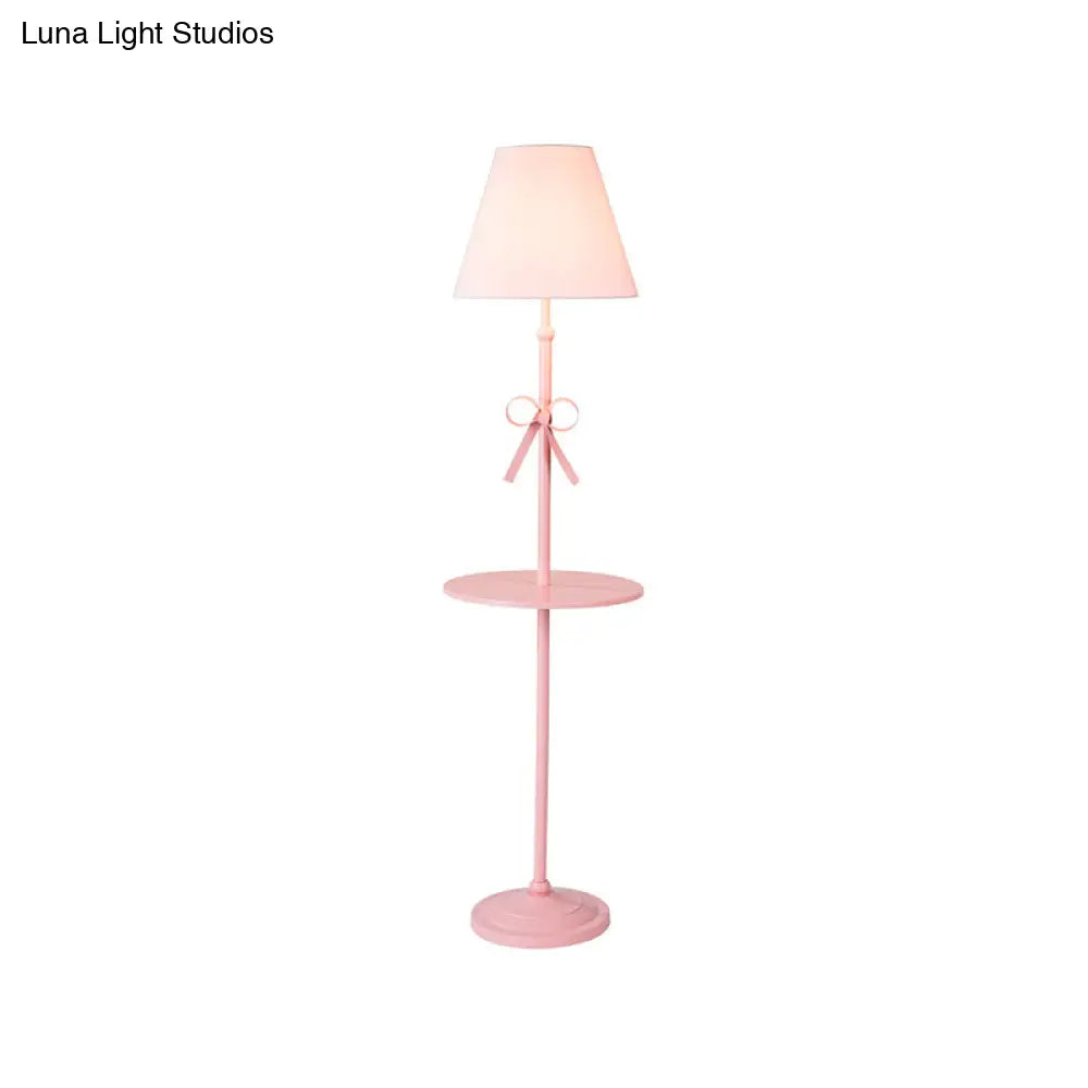 Fabric Conic Floor Standing Lamp For Kids - Single Beige/Pink Lighting With Table And Bow-Knot