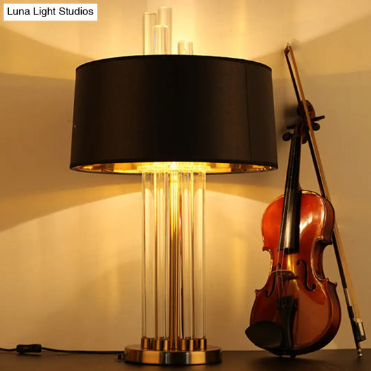 Fabric Drum Table Lamp With Crystal Accent - Elegant Black Night Light For Bedrooms