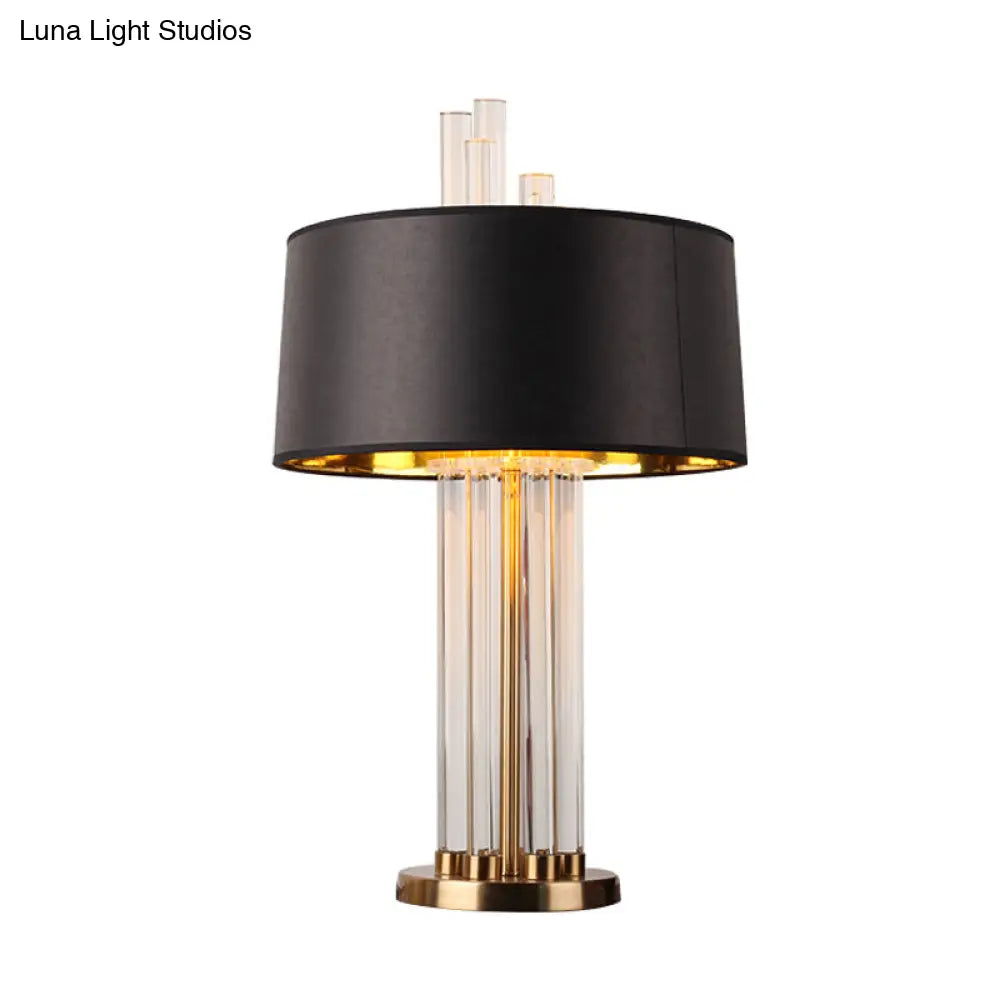 Fabric Drum Table Lamp With Crystal Accent - Elegant Black Night Light For Bedrooms