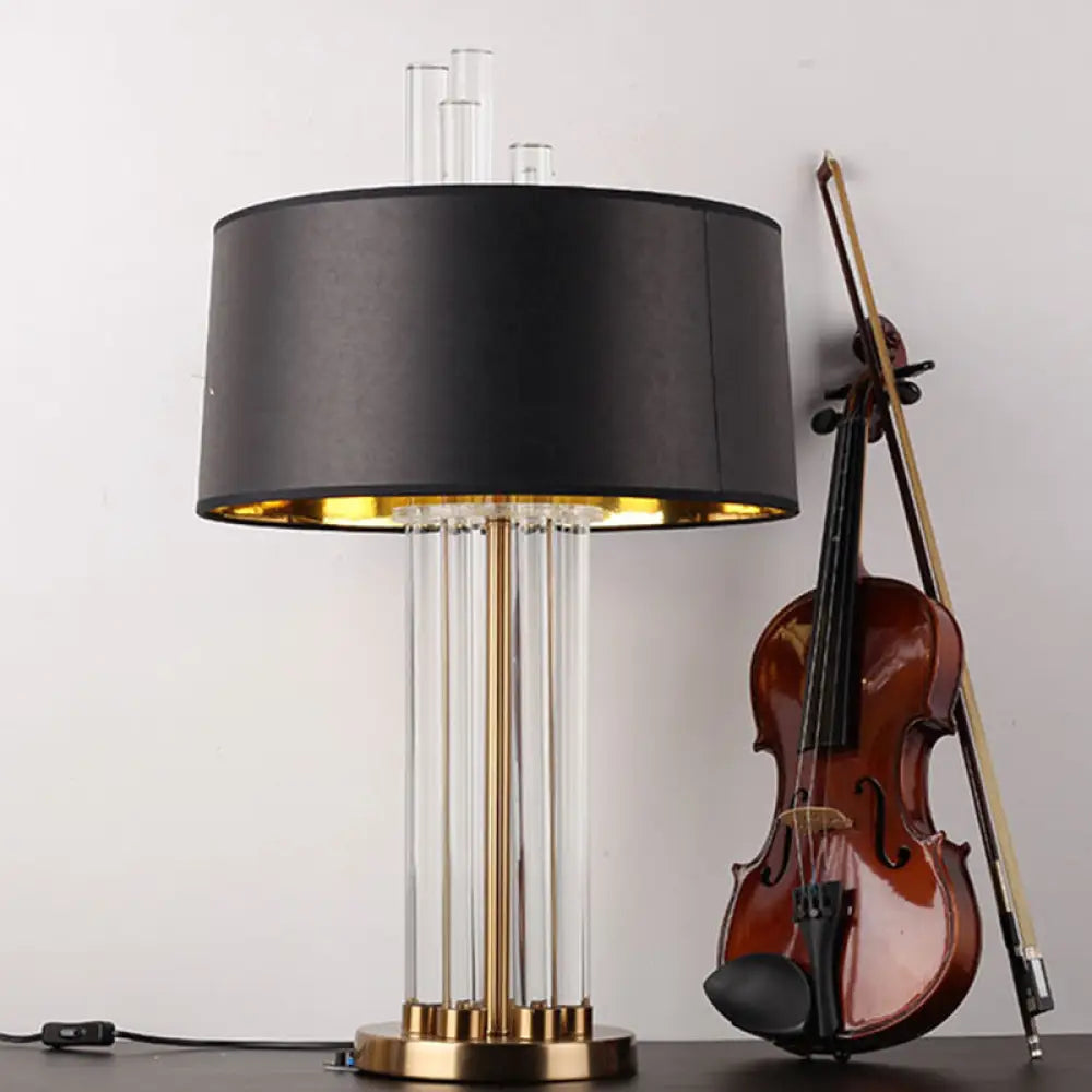 Fabric Drum Table Lamp With Crystal Accent - Elegant Black Night Light For Bedrooms