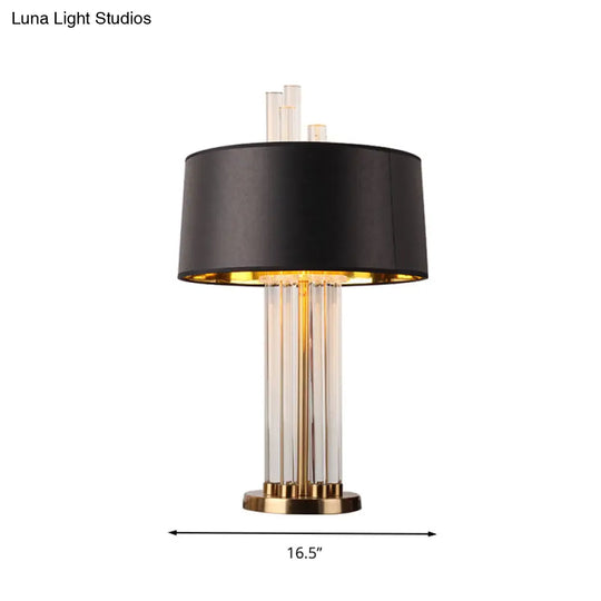 Fabric Drum Table Lamp With Crystal Accent - Elegant Black Night Light For Bedrooms