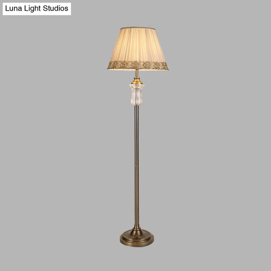 Fabric Floor Lamp With Beige Pleated Shade And Crystal Standing Light Traditional Style Elegant Trim