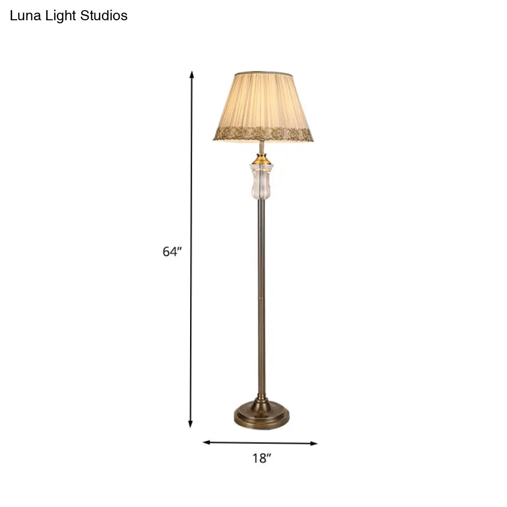 Fabric Floor Lamp With Beige Pleated Shade And Crystal Standing Light Traditional Style Elegant Trim