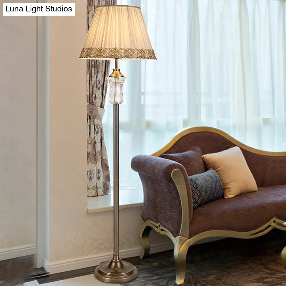 Fabric Floor Lamp With Beige Pleated Shade And Crystal Standing Light Traditional Style Elegant Trim