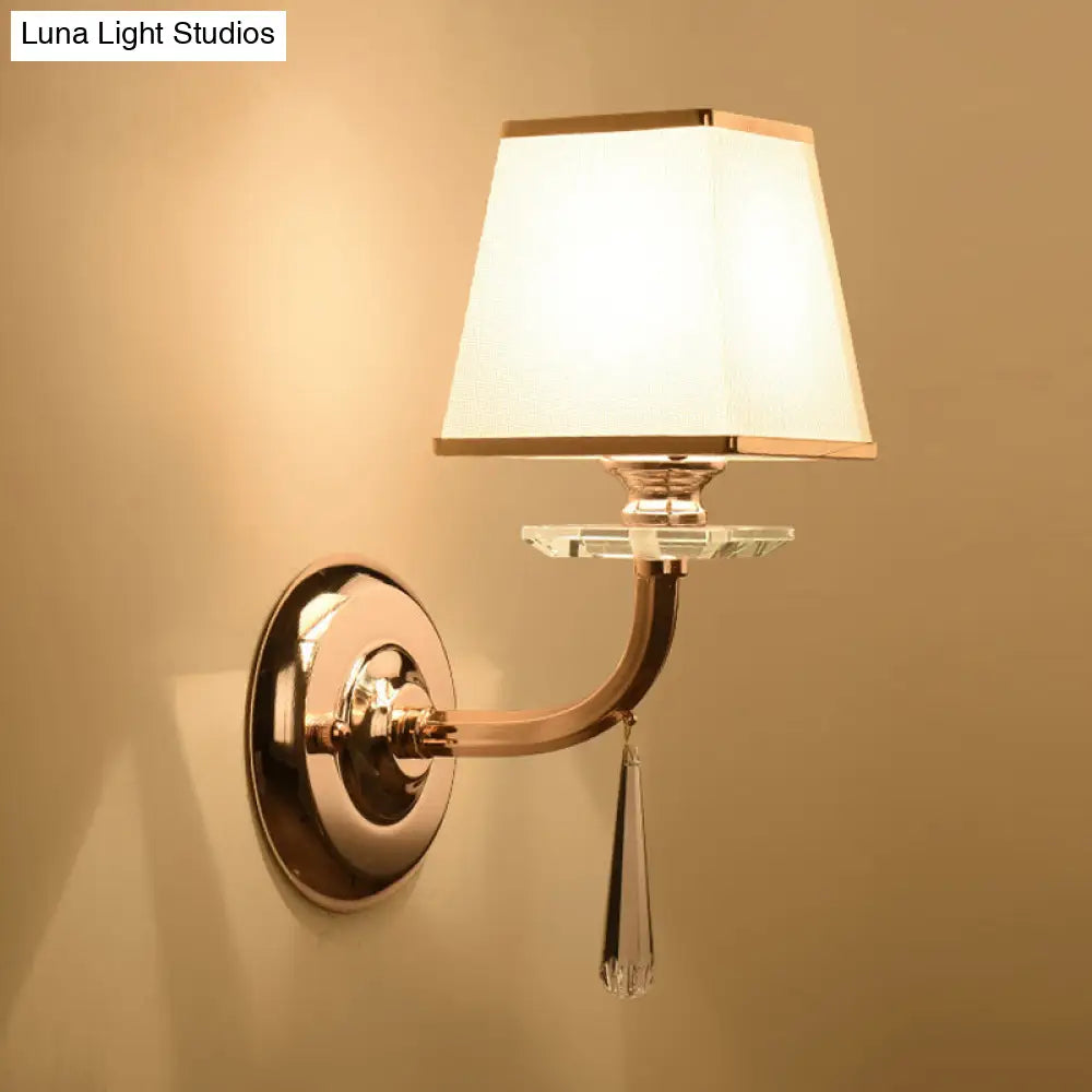 Fabric Led Wall Sconce With Dangling Crystal: Traditional Trapezoid Design White Finish