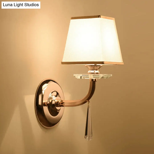 Fabric Led Wall Sconce With Dangling Crystal: Traditional Trapezoid Design White Finish