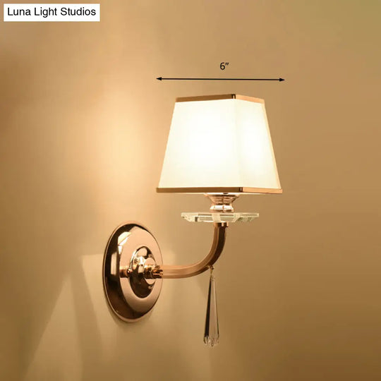 Fabric Led Wall Sconce With Dangling Crystal: Traditional Trapezoid Design White Finish