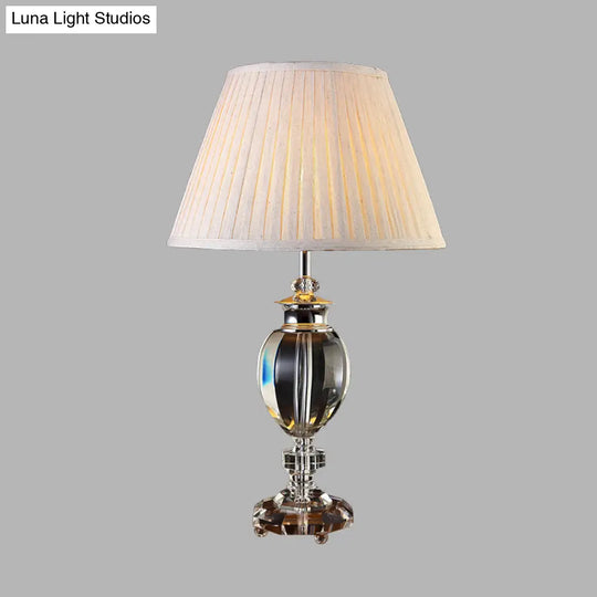 Fabric Nightstand Lamp With Crystal Base - Countryside Beige Pleated Lampshade Bedroom Table Light 1