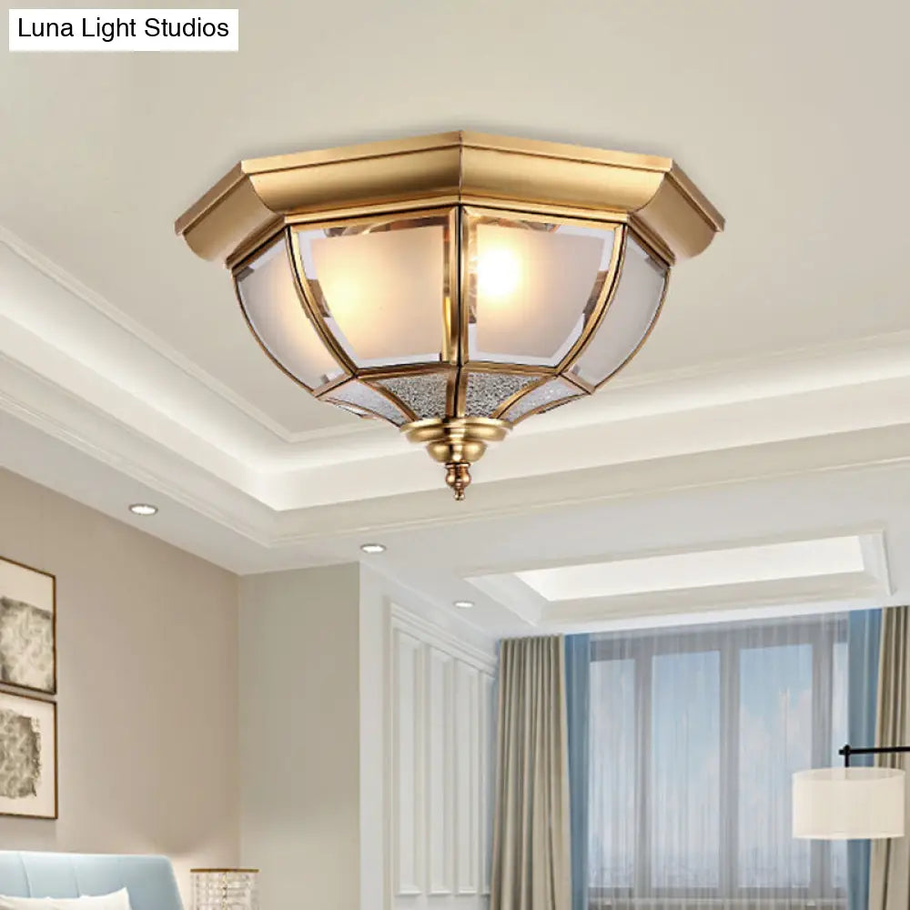Faceted Clear Glass Dining Room Flush Lamp Traditional Brass Finish Ceiling Lighting - 14/18 Width