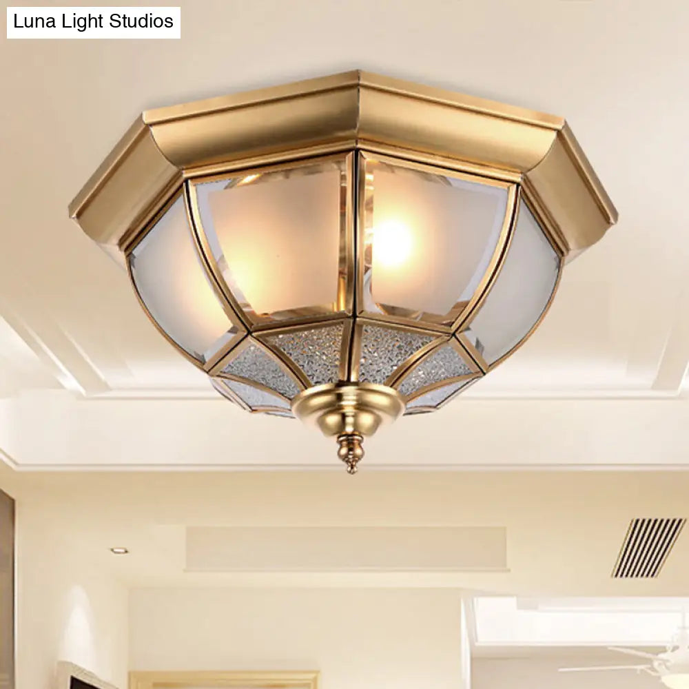 Faceted Clear Glass Dining Room Flush Lamp Traditional Brass Finish Ceiling Lighting - 14/18 Width