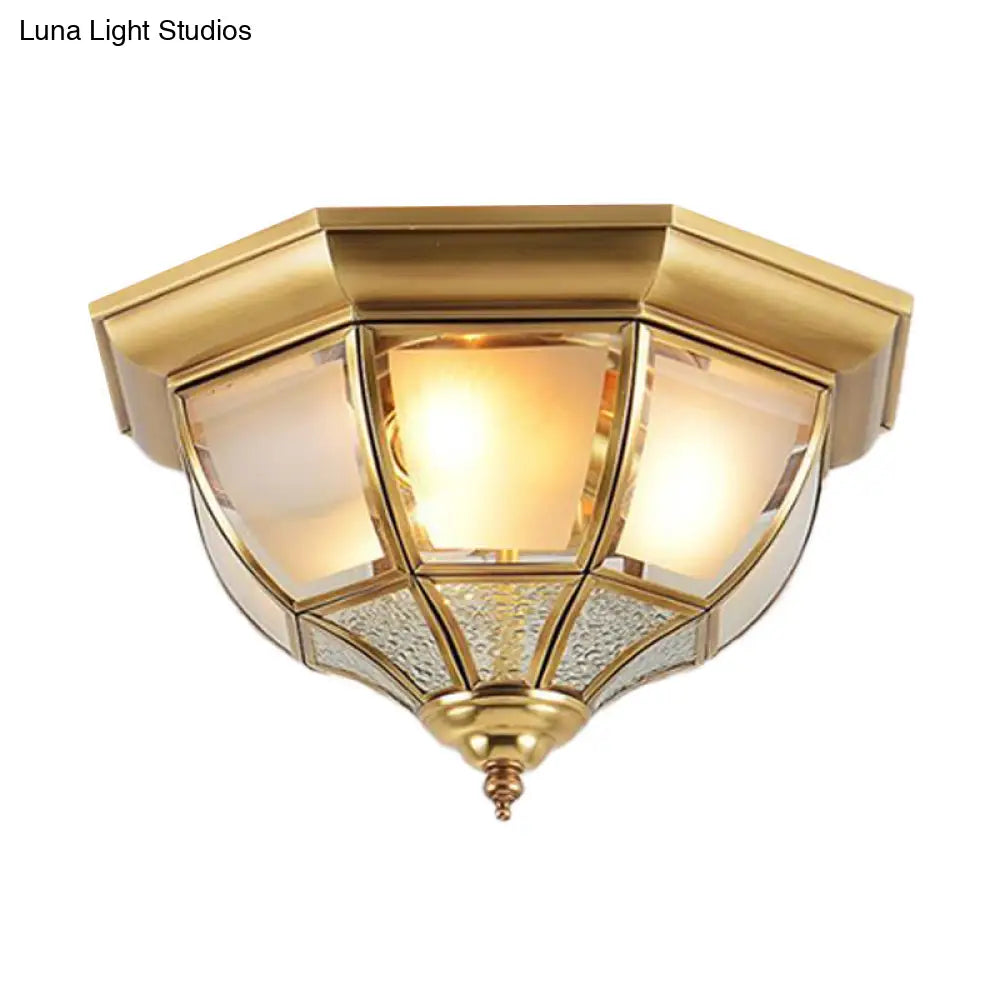 Faceted Clear Glass Dining Room Flush Lamp Traditional Brass Finish Ceiling Lighting - 14/18 Width