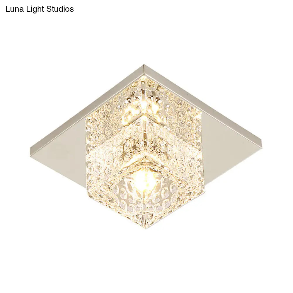 Faceted Crystal Close-To-Ceiling Flush Light Fixture - Modern Cubic Corridor Lamp In Chrome+