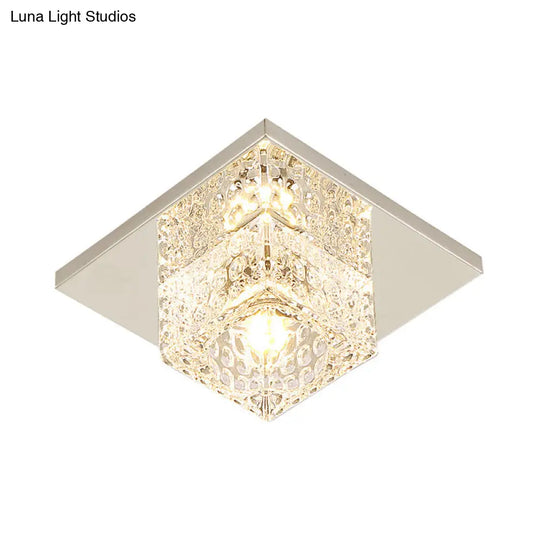 Faceted Crystal Close-To-Ceiling Flush Light Fixture - Modern Cubic Corridor Lamp In Chrome+