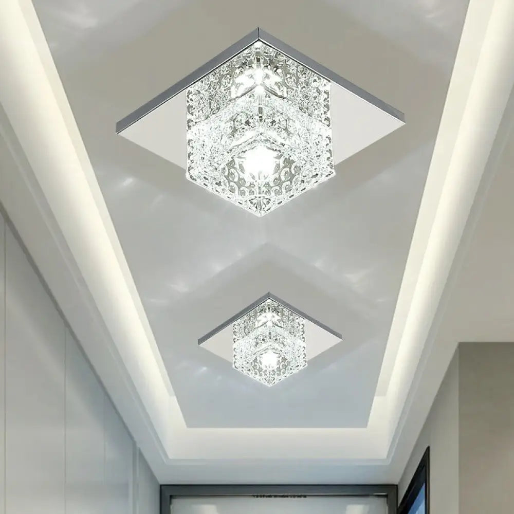 Faceted Crystal Close-To-Ceiling Flush Light Fixture - Modern Cubic Corridor Lamp In Chrome+ Chrome