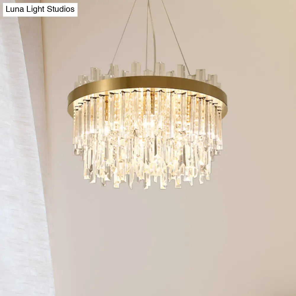 Contemporary Gold Cylinder Chandelier - 6 Bulbs Faceted Crystal Hanging Ceiling Light