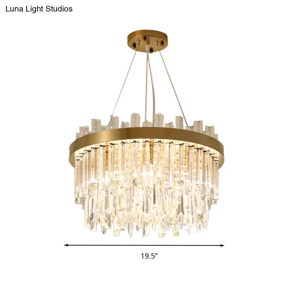 Contemporary Gold Cylinder Chandelier - 6 Bulbs Faceted Crystal Hanging Ceiling Light