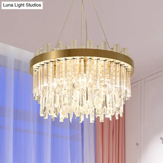 Contemporary Gold Cylinder Chandelier - 6 Bulbs Faceted Crystal Hanging Ceiling Light