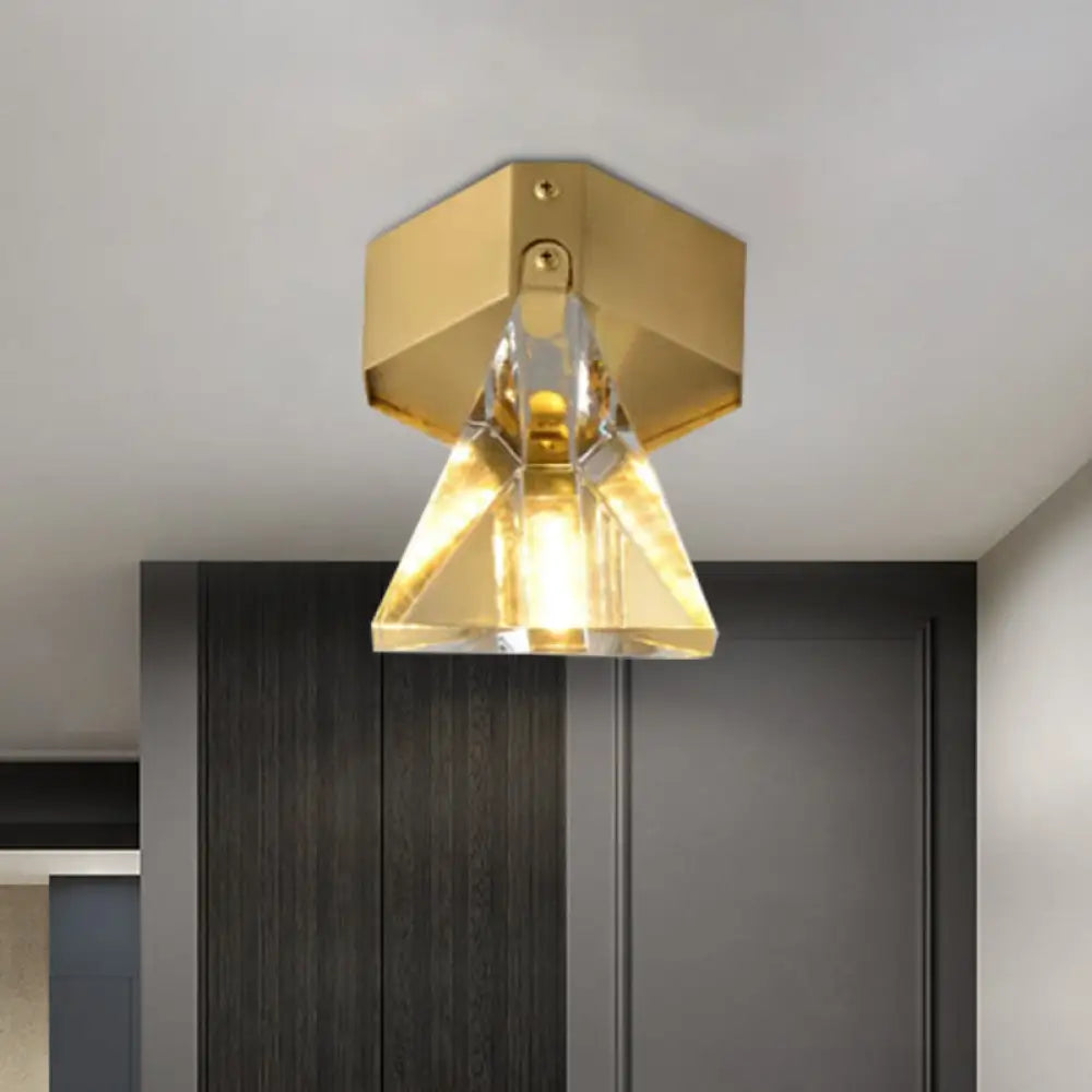 Faceted Crystal Flush Mount Ceiling Light Fixture - Minimalist Led Brass Finish Lighting