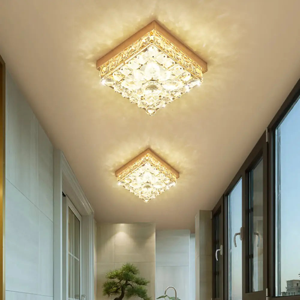 Faceted Crystal Led Cube Ceiling Light In Gold - Perfect For Modern Corridors