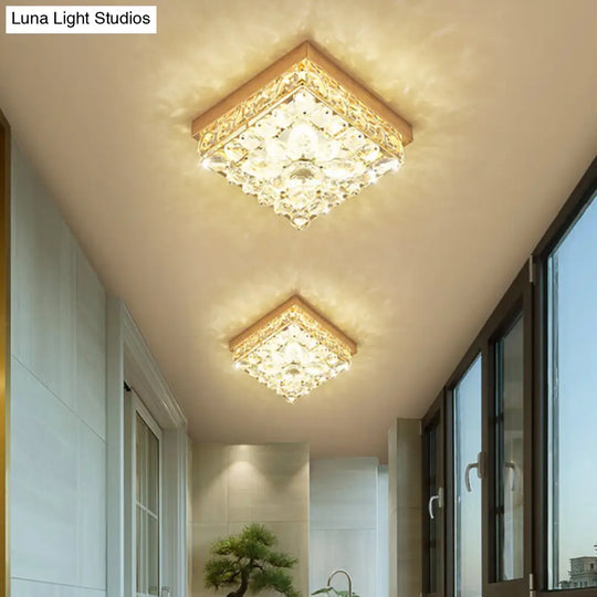 Faceted Crystal Led Cube Ceiling Light In Gold - Perfect For Modern Corridors