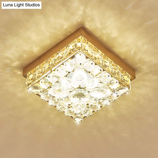 Faceted Crystal Led Cube Ceiling Light In Gold - Perfect For Modern Corridors