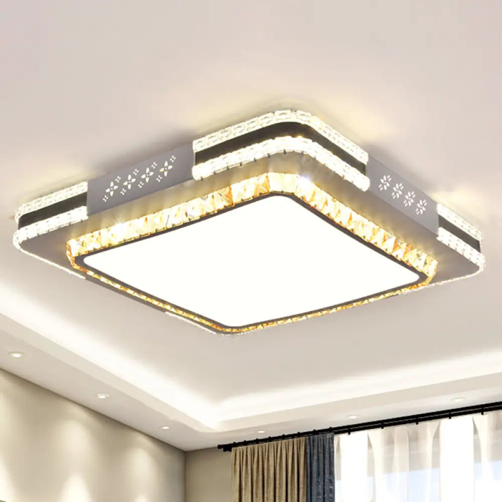 Faceted Crystal Led Flush Mount Ceiling Light In Modern Stainless - Steel Rectangle Design / 21.5’ A