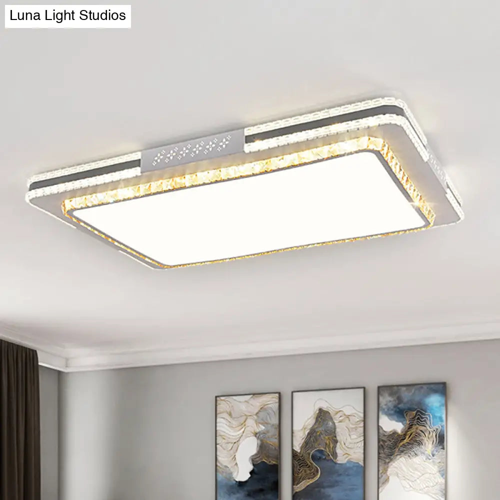 Faceted Crystal Led Flush Mount Ceiling Light In Modern Stainless - Steel Rectangle Design