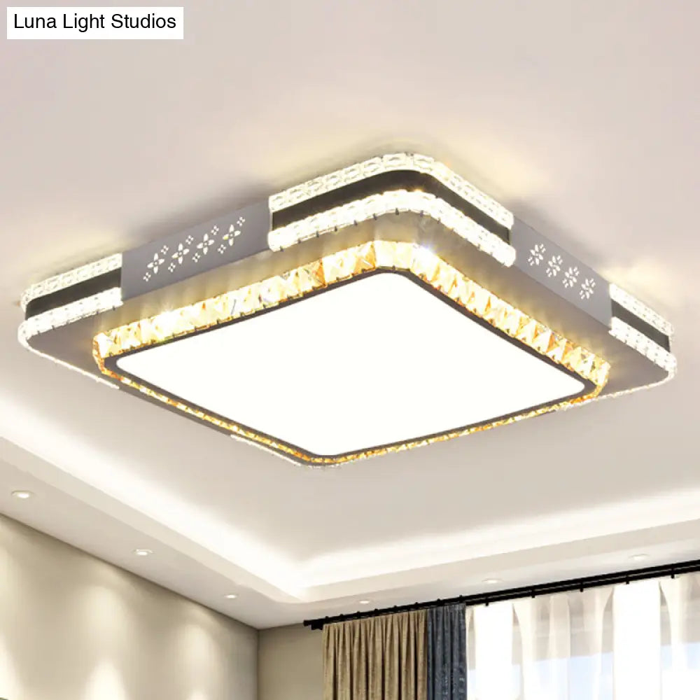 Faceted Crystal Led Flush Mount Ceiling Light In Modern Stainless-Steel Rectangle Design / 21.5 A