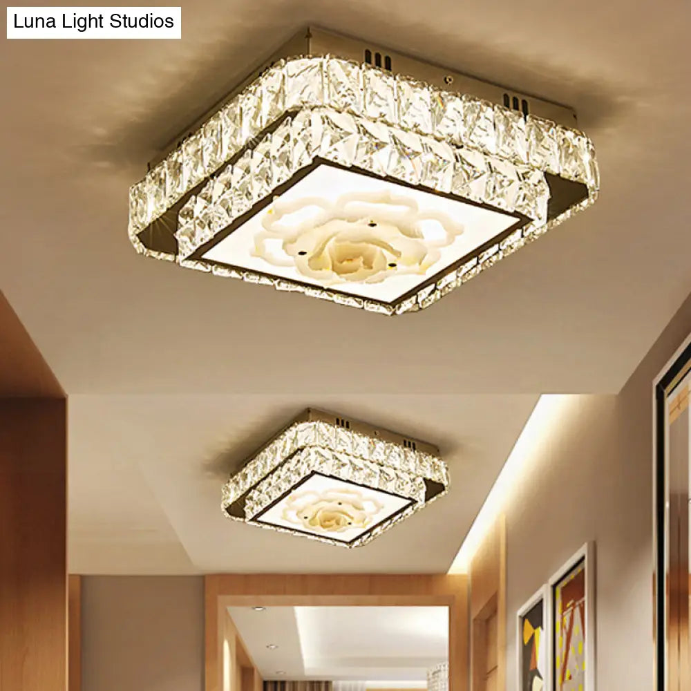 Faceted Crystal Led Flush Mount Ceiling Light With Nickel Finish And Floral Design / Square