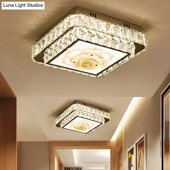 Faceted Crystal Led Flush Mount Ceiling Light With Nickel Finish And Floral Design / Square