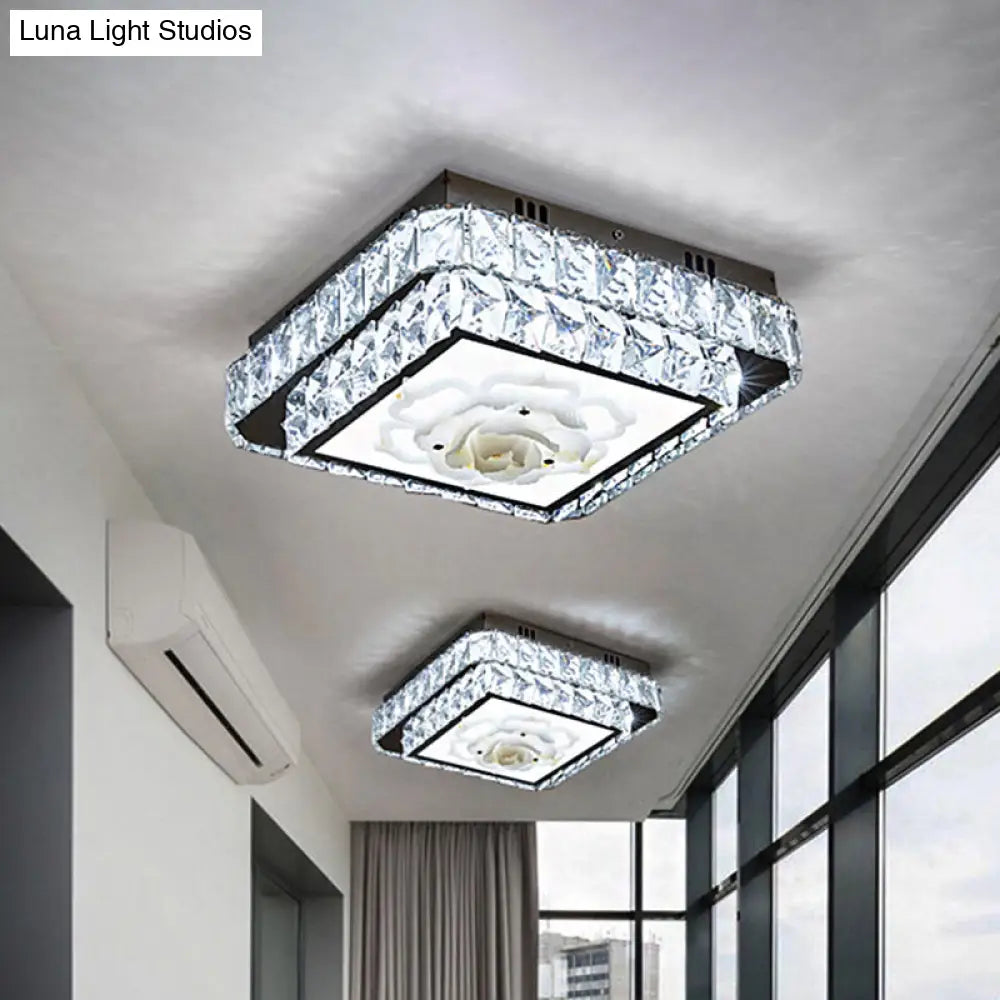 Faceted Crystal Led Flush Mount Ceiling Light With Nickel Finish And Floral Design