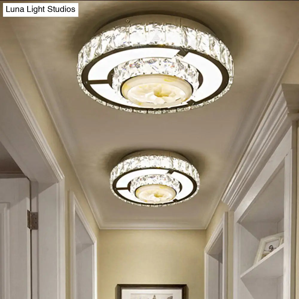 Faceted Crystal Led Flush Mount Ceiling Light With Nickel Finish And Floral Design / Round