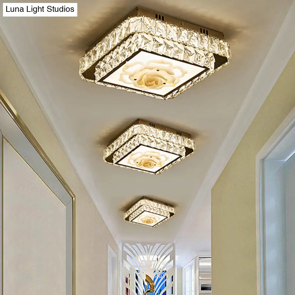 Faceted Crystal Led Flush Mount Ceiling Light With Nickel Finish And Floral Design