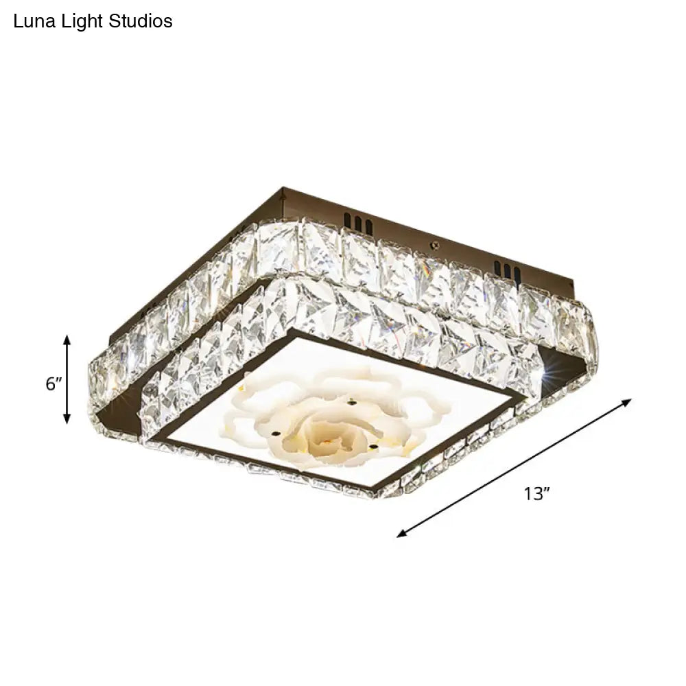 Faceted Crystal Led Flush Mount Ceiling Light With Nickel Finish And Floral Design