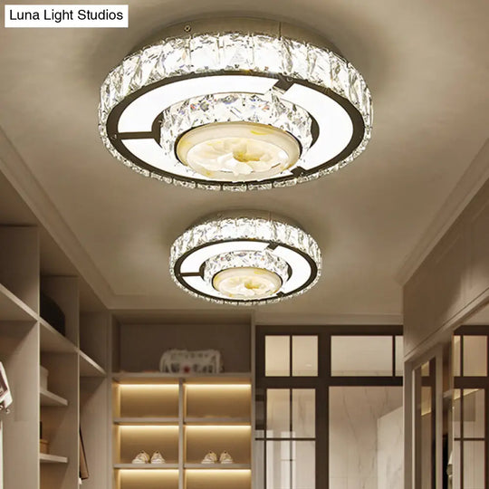 Faceted Crystal Led Flush Mount Ceiling Light With Nickel Finish And Floral Design