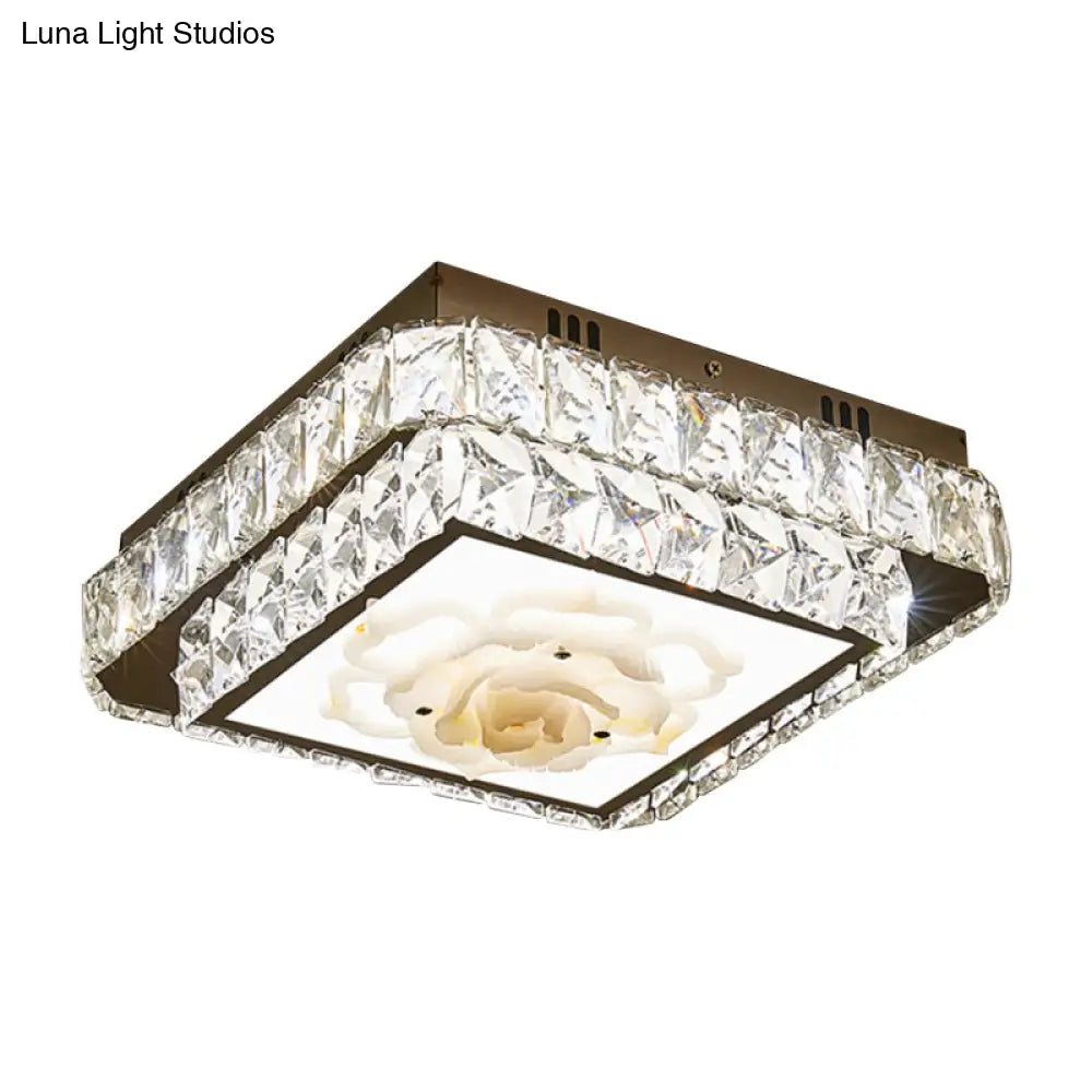 Faceted Crystal Led Flush Mount Ceiling Light With Nickel Finish And Floral Design