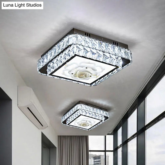 Faceted Crystal Led Flush Mount Ceiling Light With Nickel Finish And Floral Design