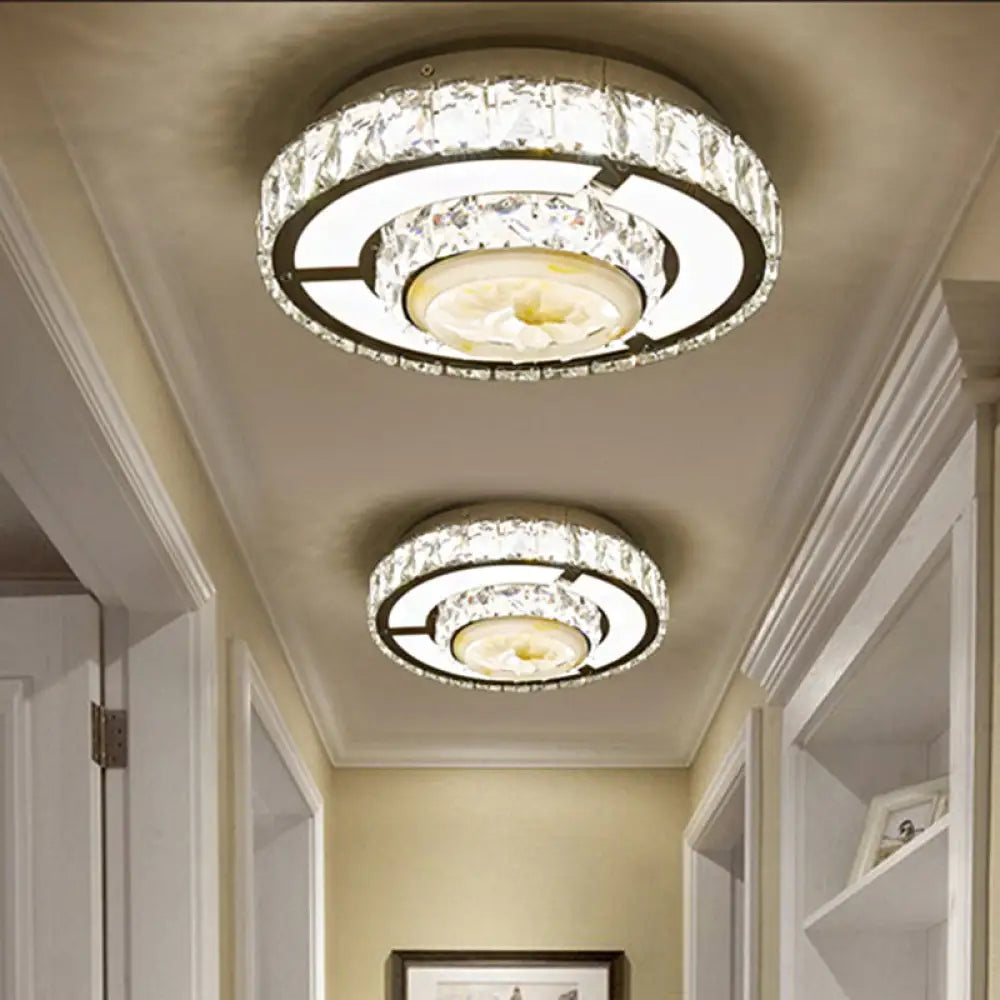 Faceted Crystal Led Flush Mount Ceiling Light With Nickel Finish And Floral Design / Round