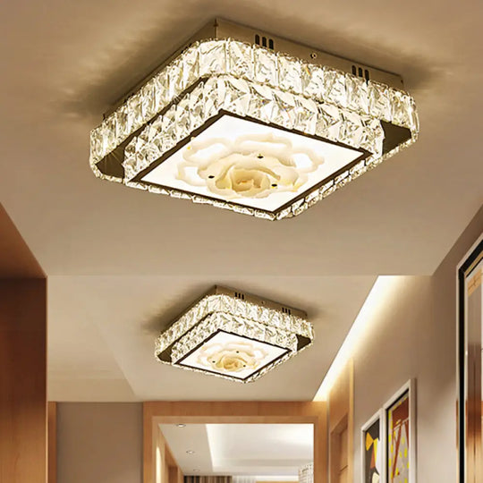 Faceted Crystal Led Flush Mount Ceiling Light With Nickel Finish And Floral Design / Square