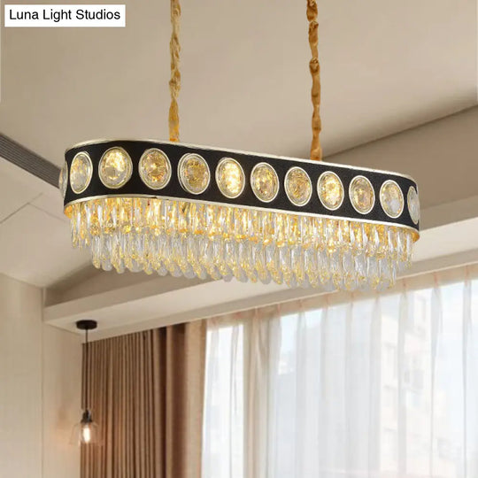 Faceted Crystal Oval Pendant Light In Black & Gold For Dining Room Island - 10 Heads