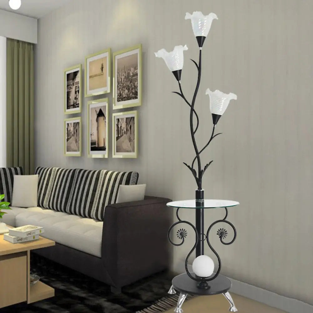 Faceted Glass Floor Lamp With Countryside Black/White Floral Shade - 3 Lights Ideal For Living Rooms