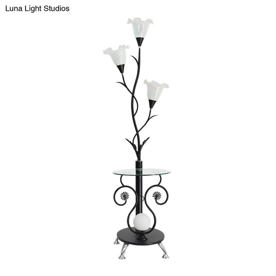 Faceted Glass Floor Lamp With Countryside Black/White Floral Shade - 3 Lights Ideal For Living Rooms