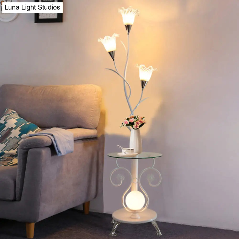 Faceted Glass Floor Lamp With Countryside Black/White Floral Shade - 3 Lights Ideal For Living Rooms